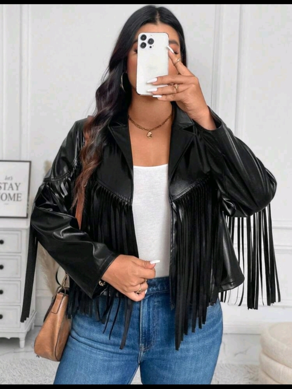Black Fringe Faux Leather Jacket - Women